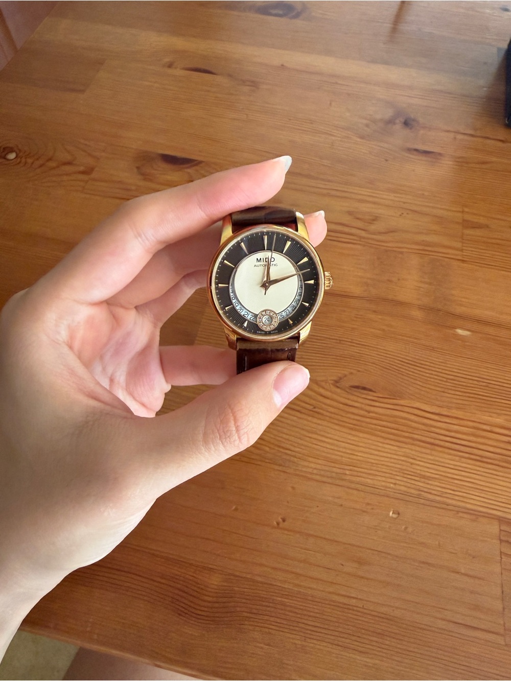 Mido Gold-Tone Case Watch with Cream Dial and Brown Strap 33 mm Women’s Watch